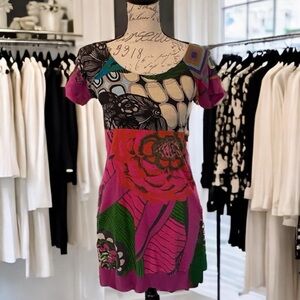 Desigual Mini Dress Womens Size M Multicolor Abstract Art Print Cotton Pockets